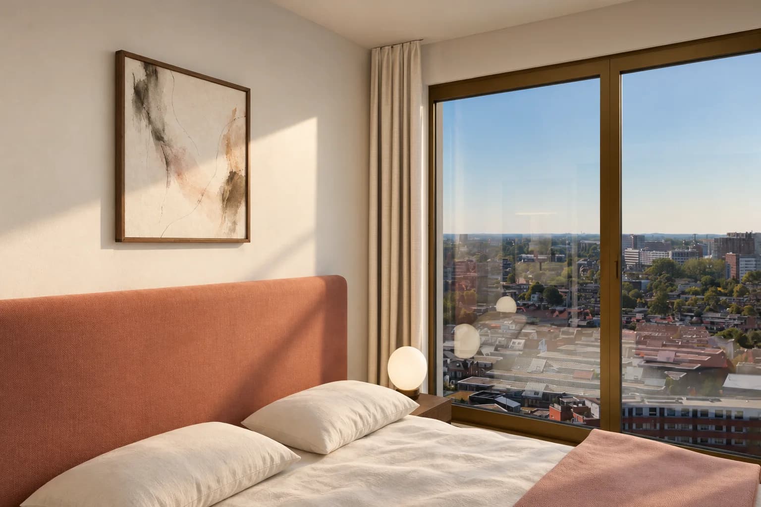 Artist impression: a bedroom with a large window and a view over the rooftops of Leiden