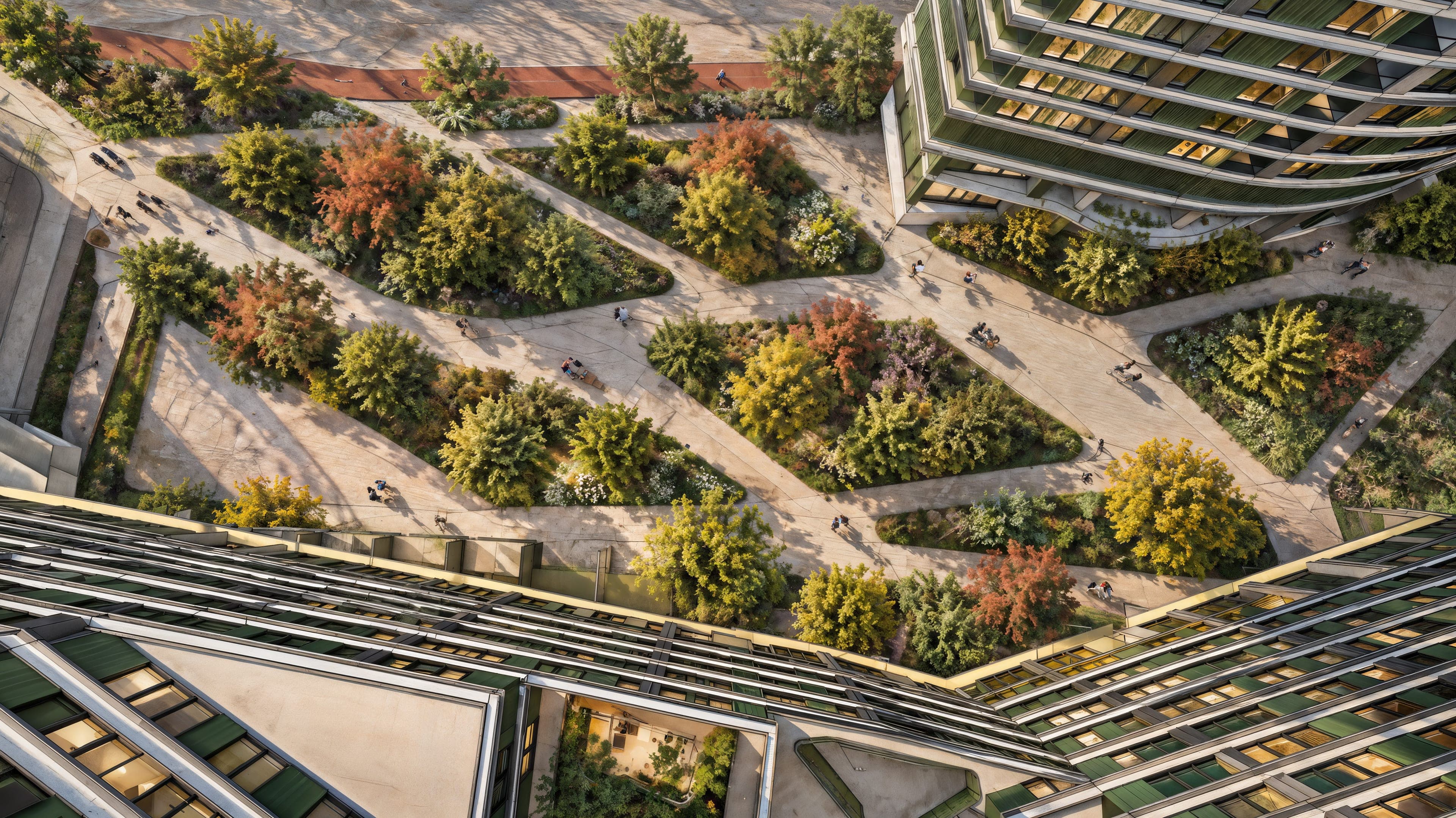 Artist impression of the city park between the towers from above: paths, planted beds with trees, and people walking and cycling