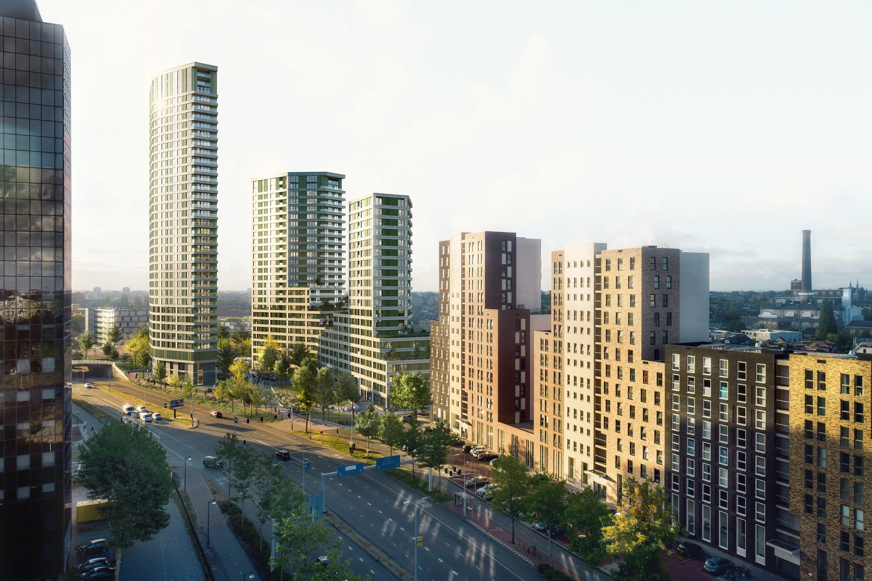 Artist impression vanaf de hoogte boven de Willem de Zwijgerlaan in Leiden: de drie torens van LEAD met groene verticale lamellen naast de laan, met bakstenen woonblokken op de voorgrond en de lage stad erachter.