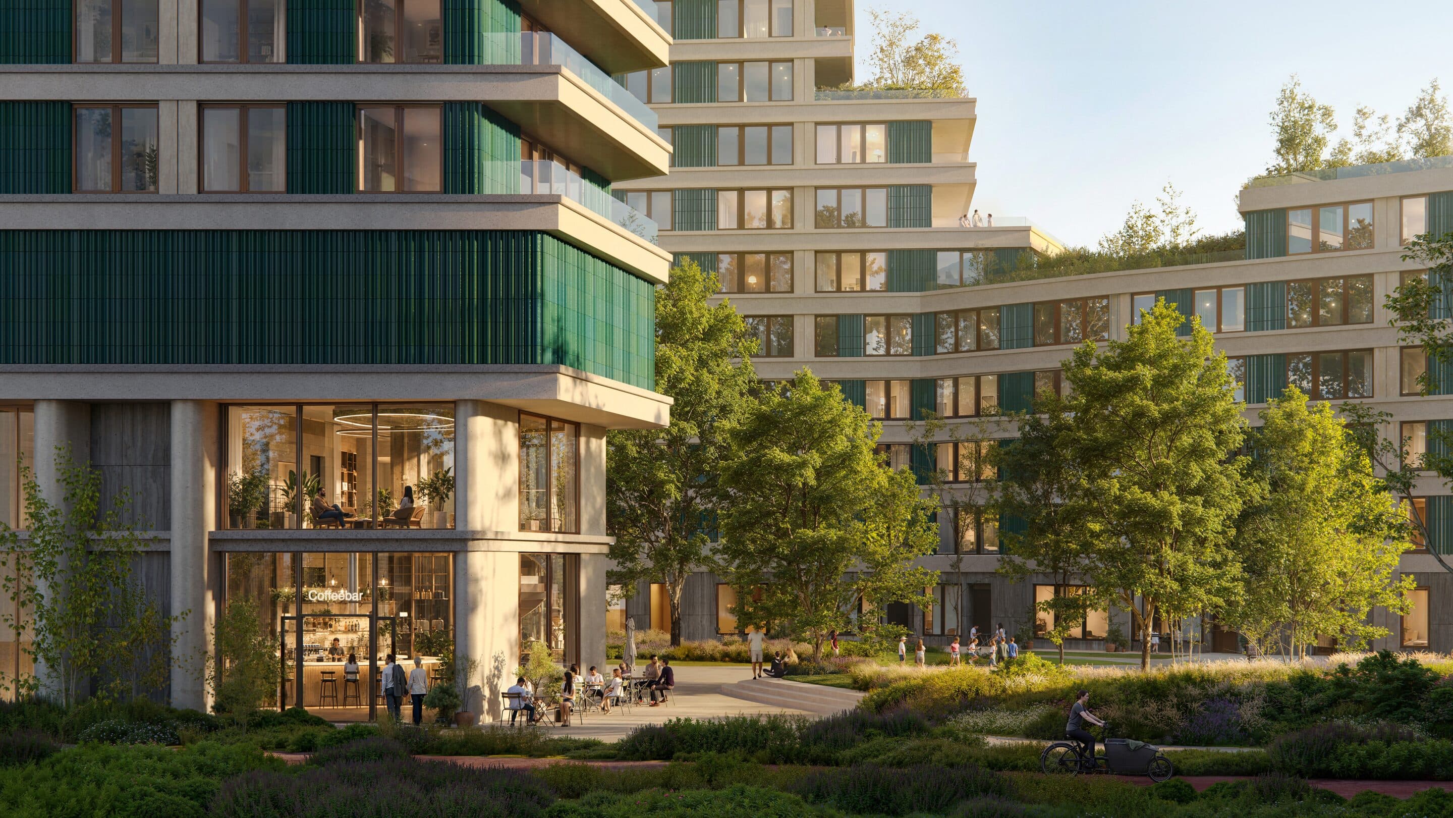 Artist impression of the park side of LEAD at golden hour: a glazed ground-floor coffee bar under a band of green ceramic tiles, people at terrace tables and a path through tall grasses and trees.