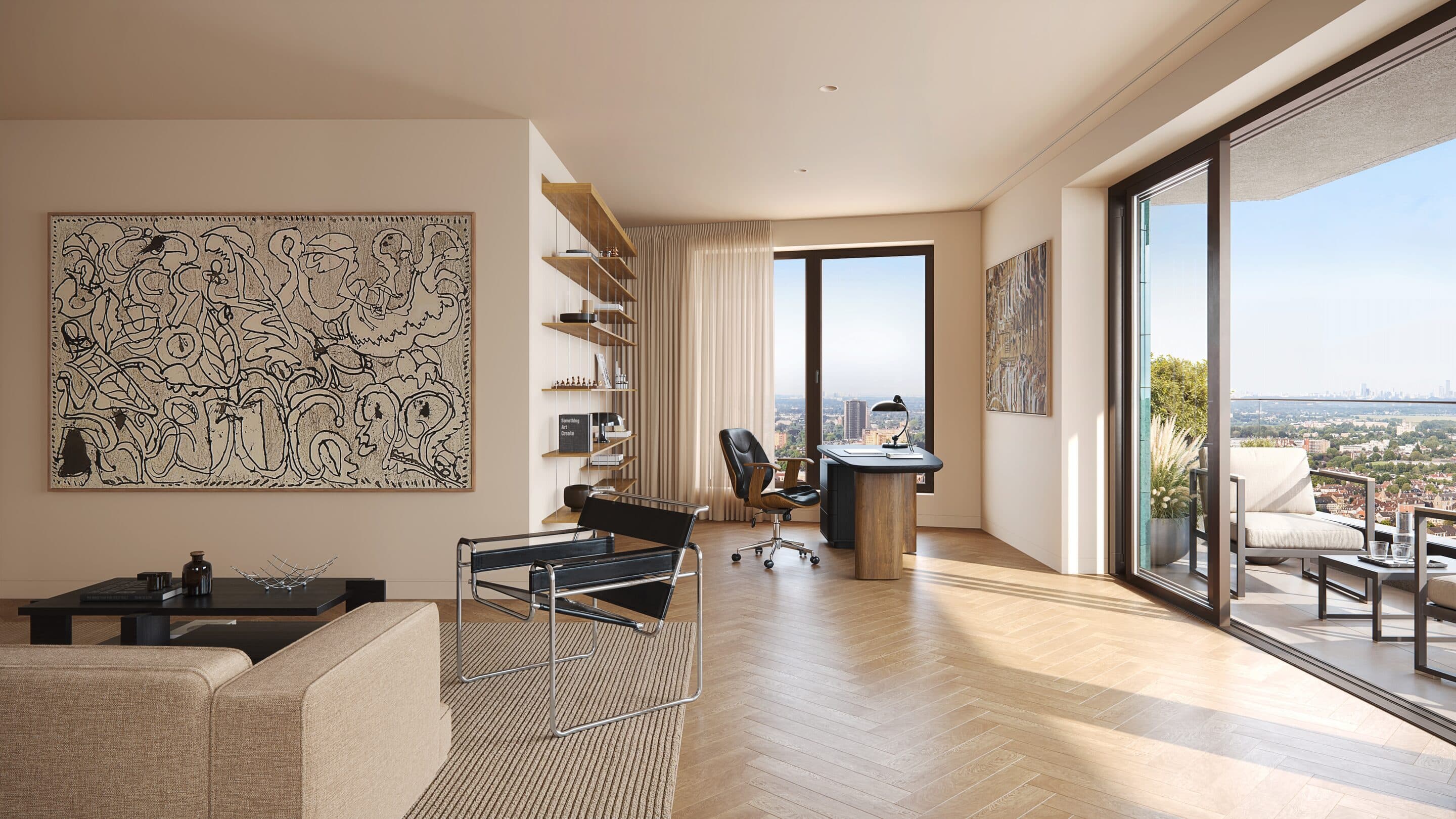 Artist impression of a light living room with a herringbone oak floor and a desk by the window, with sliding doors to a balcony overlooking the city.