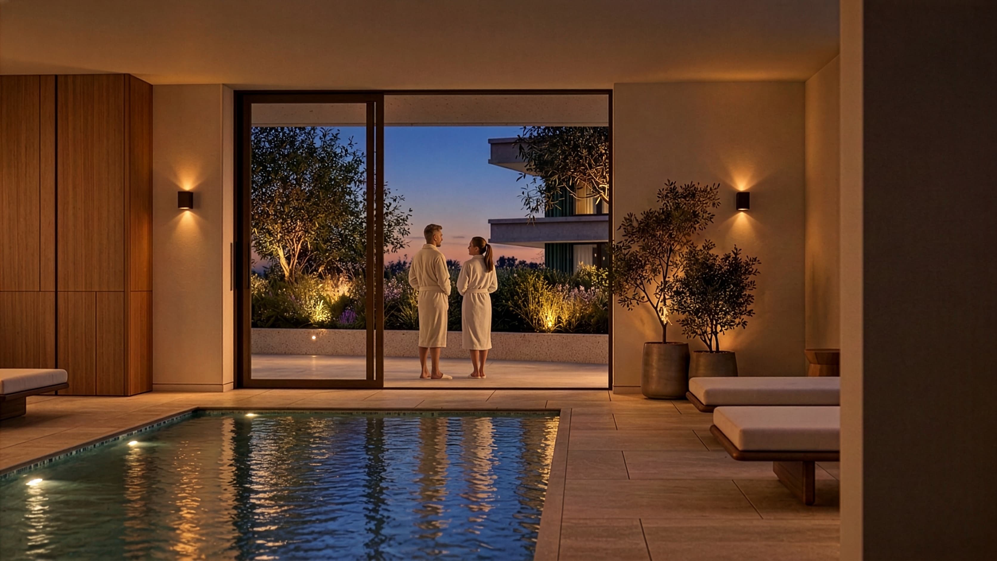 Artist impression of an indoor pool at dusk, lit by wall lamps, with stone floors, loungers and olive trees in pots, opening through a tall glass door onto a planted terrace where a couple in bathrobes stands talking.