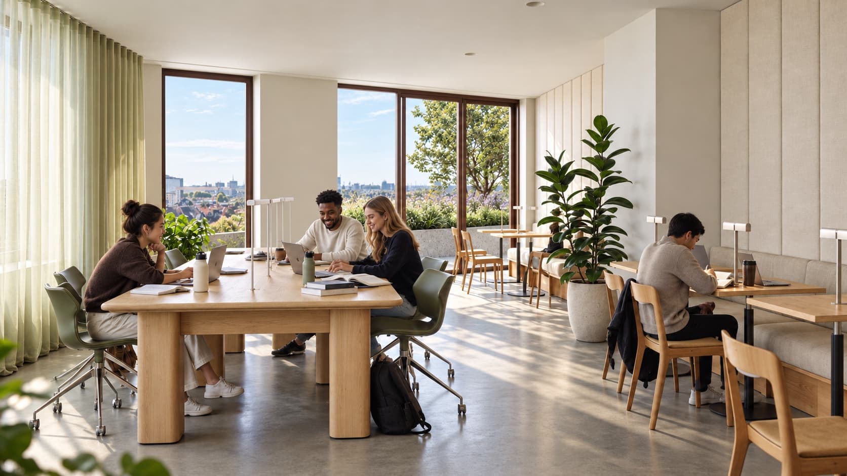 Artist impression of the shared workspaces: residents working at a long oak table and at desks along an upholstered bench, with plants and tall windows onto a roof garden and the city.