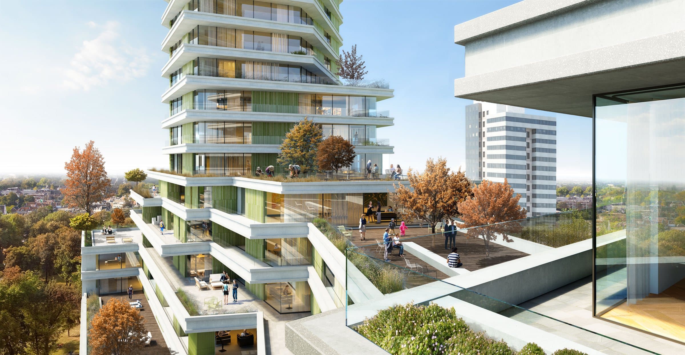 Artist impression of the stepped base of LEAD on a clear autumn day: a shared roof terrace with autumn trees where residents sit and talk, a tower with pale balcony slabs and green fins rising behind it, balconies stepping down below and the green of Leiden beyond.