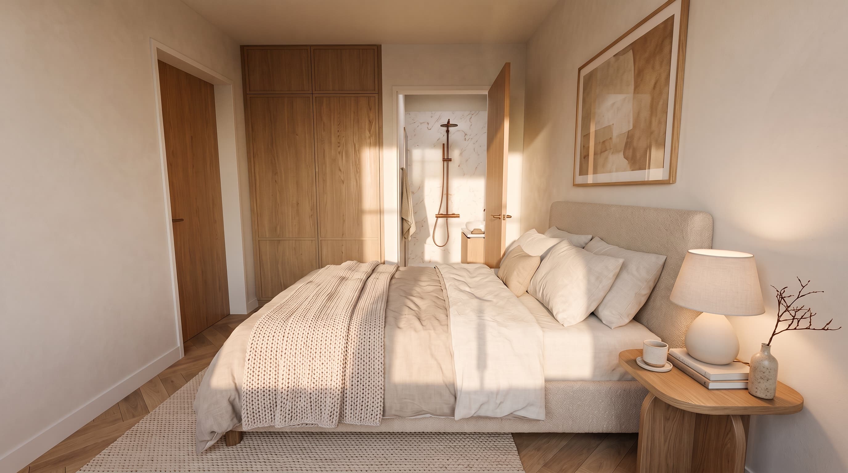 Artist impression of a bedroom in soft sunlight: a bed with an upholstered headboard, linen bedding and a knitted throw, a wooden bedside table with a lamp, an oak wardrobe, and an open door to a marble shower.