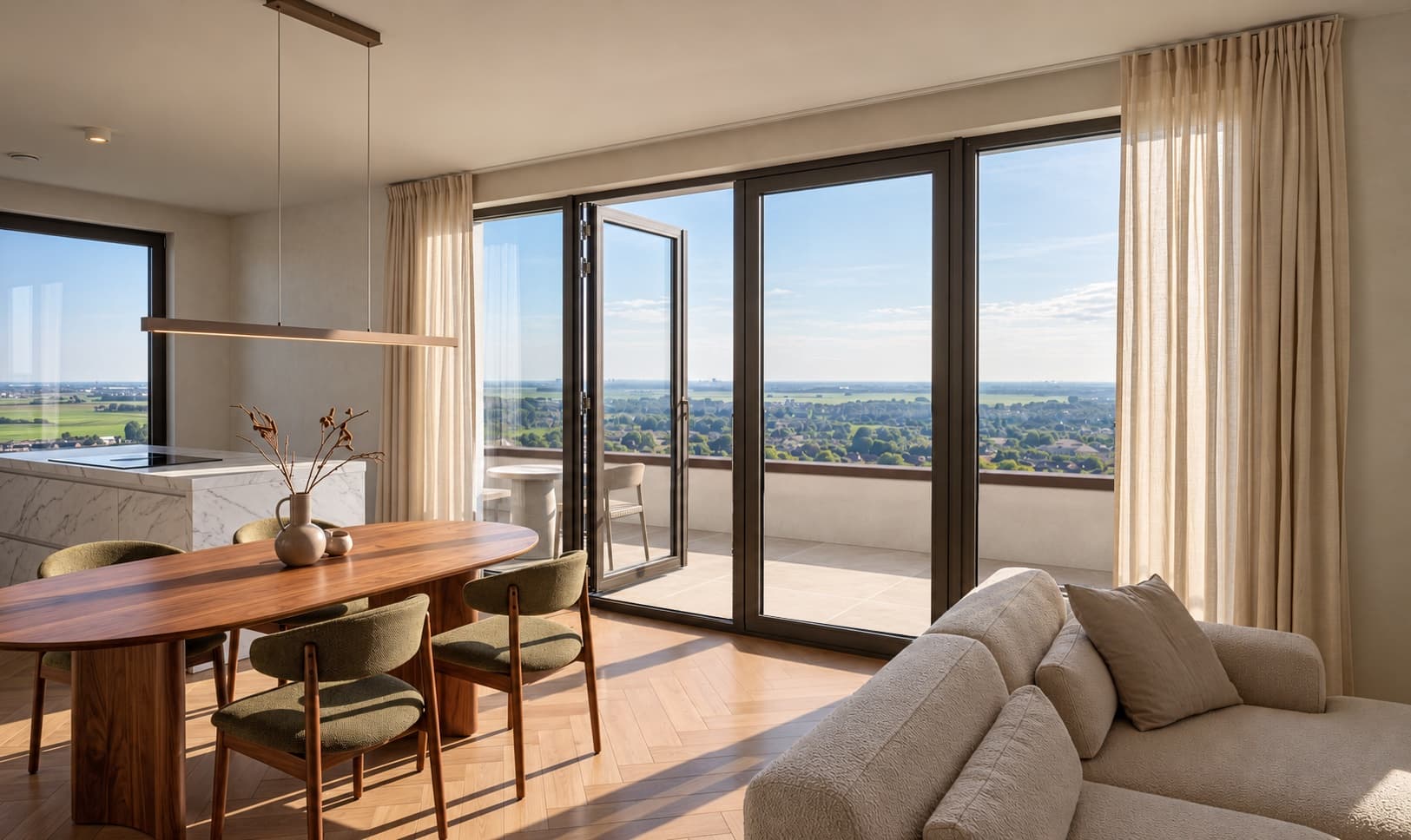 Artist impression of a living room in afternoon sun: a walnut dining table with green chairs, a cream sofa and tall glass doors open to a balcony with a view over the green and the city.