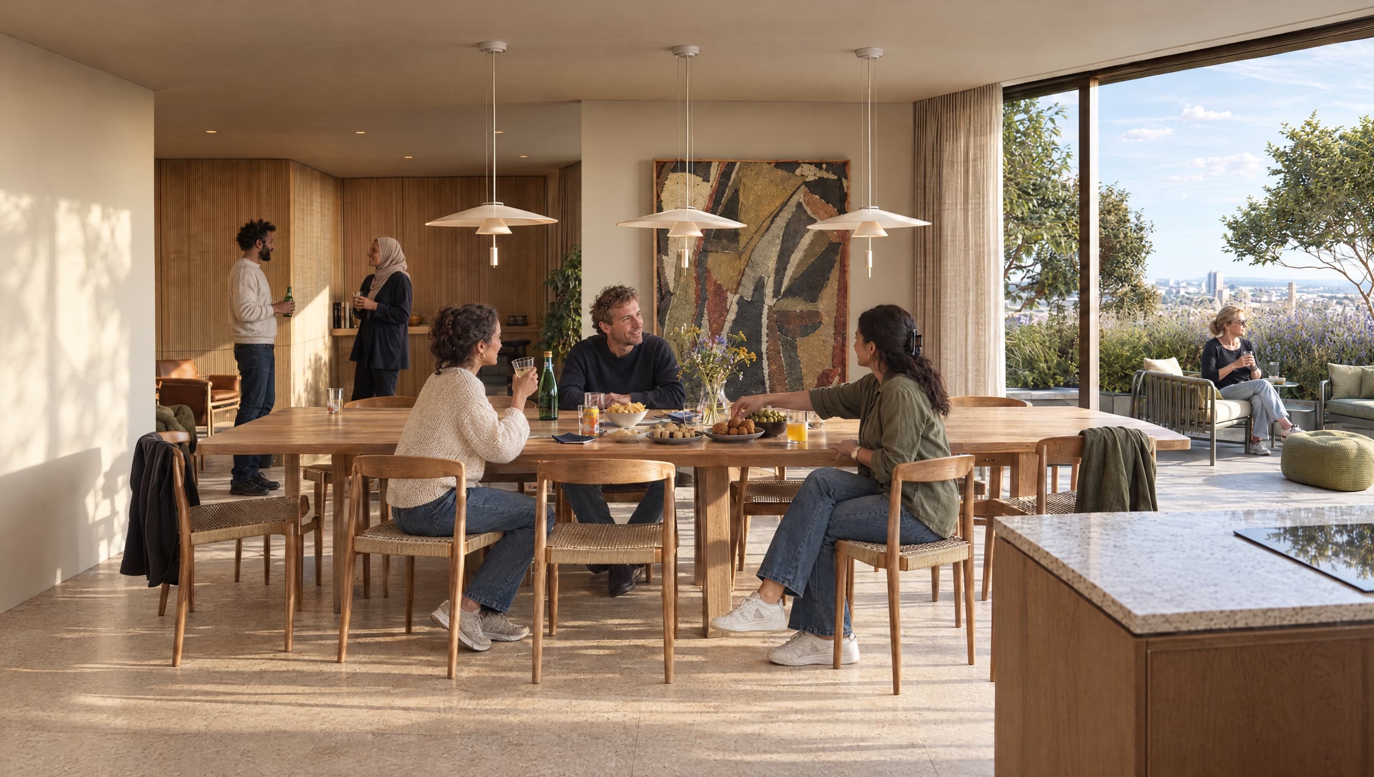 Artist impression of friends around a long wooden table under three white pendant lamps, with a large abstract painting on the wall, two people talking by the oak wall behind, and a glass wall open to a planted terrace with a view over the city.