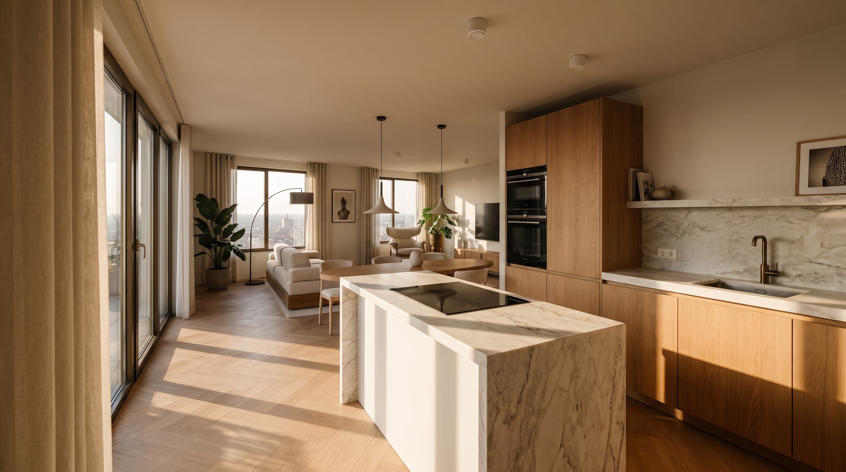 Artist impression of an open kitchen with oak cupboards and a marble island with a hob, looking through to a dining table, a cream sofa and windows over the city, with linen curtains and glass doors to a balcony on the left.
