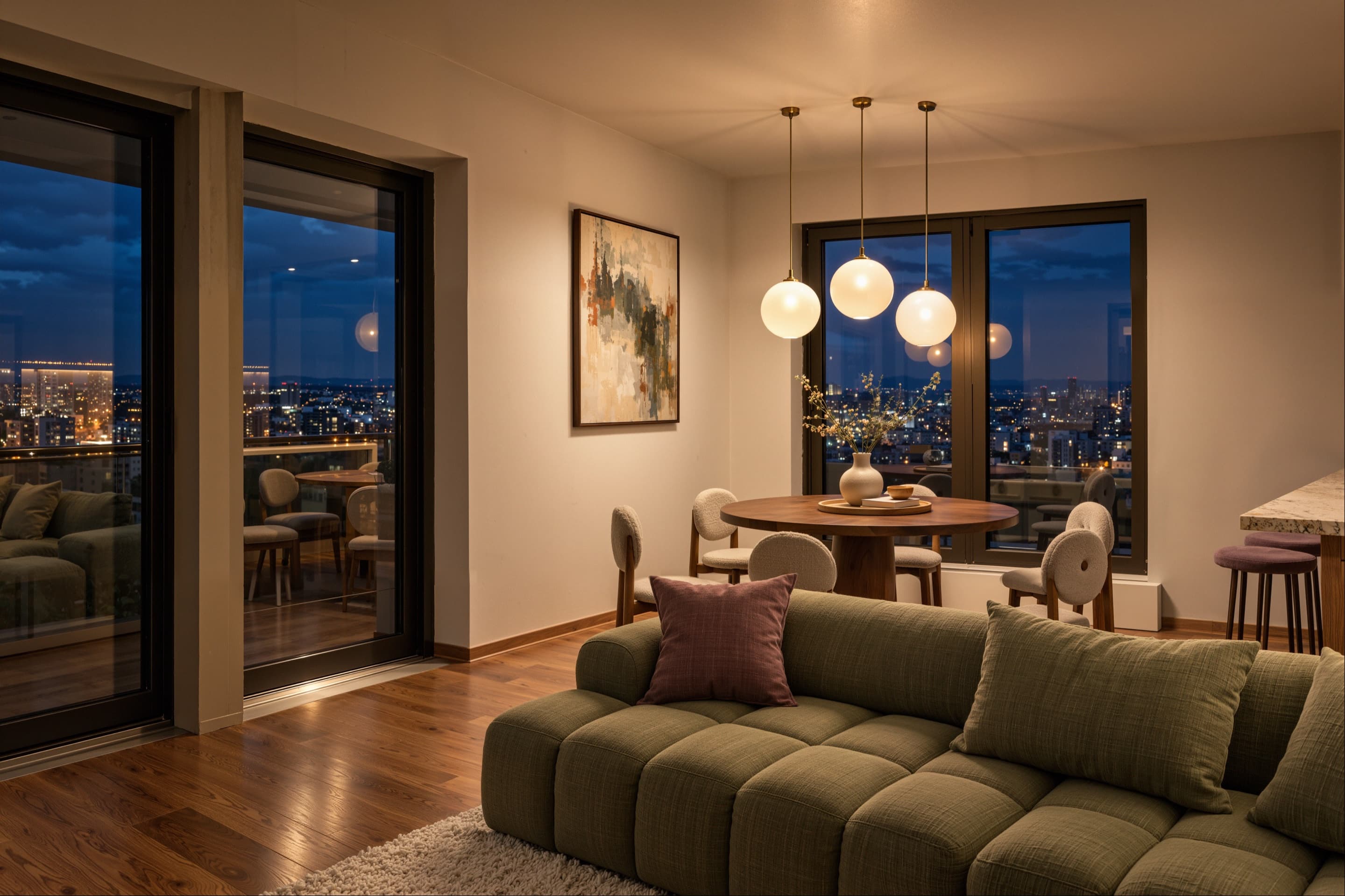 Artist impression of a living room in the evening: a green sofa, a round dining table under three globe pendants and tall glass doors to a balcony, with the lights of the city beyond.