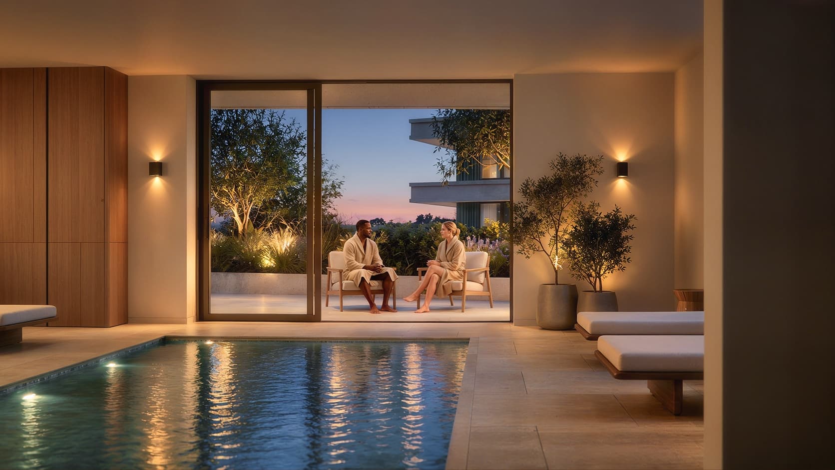 Artist impression of an indoor pool at dusk, lit by wall lamps, with stone floors, loungers and olive trees in pots, opening through a tall glass door onto a planted terrace where two people in bathrobes sit talking.