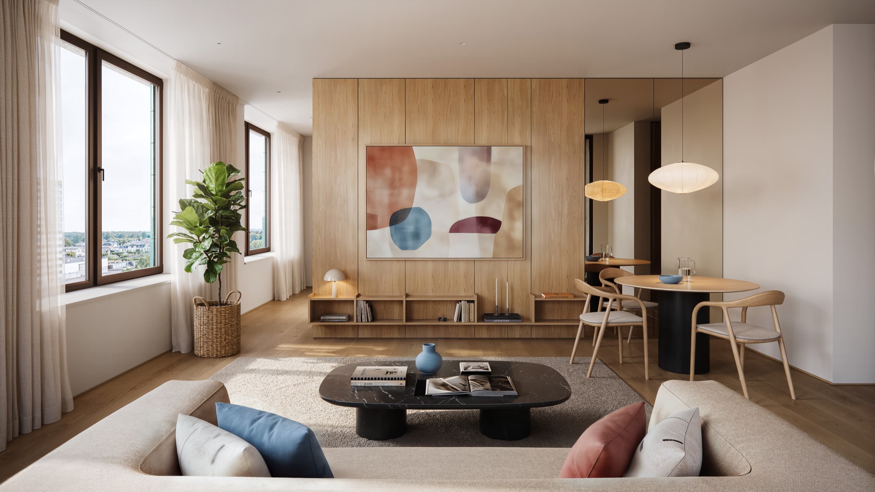 Artist impression of a living room with an oak feature wall hung with an abstract painting, beige sofas with coloured cushions and a round dining table, with windows looking out over the city.